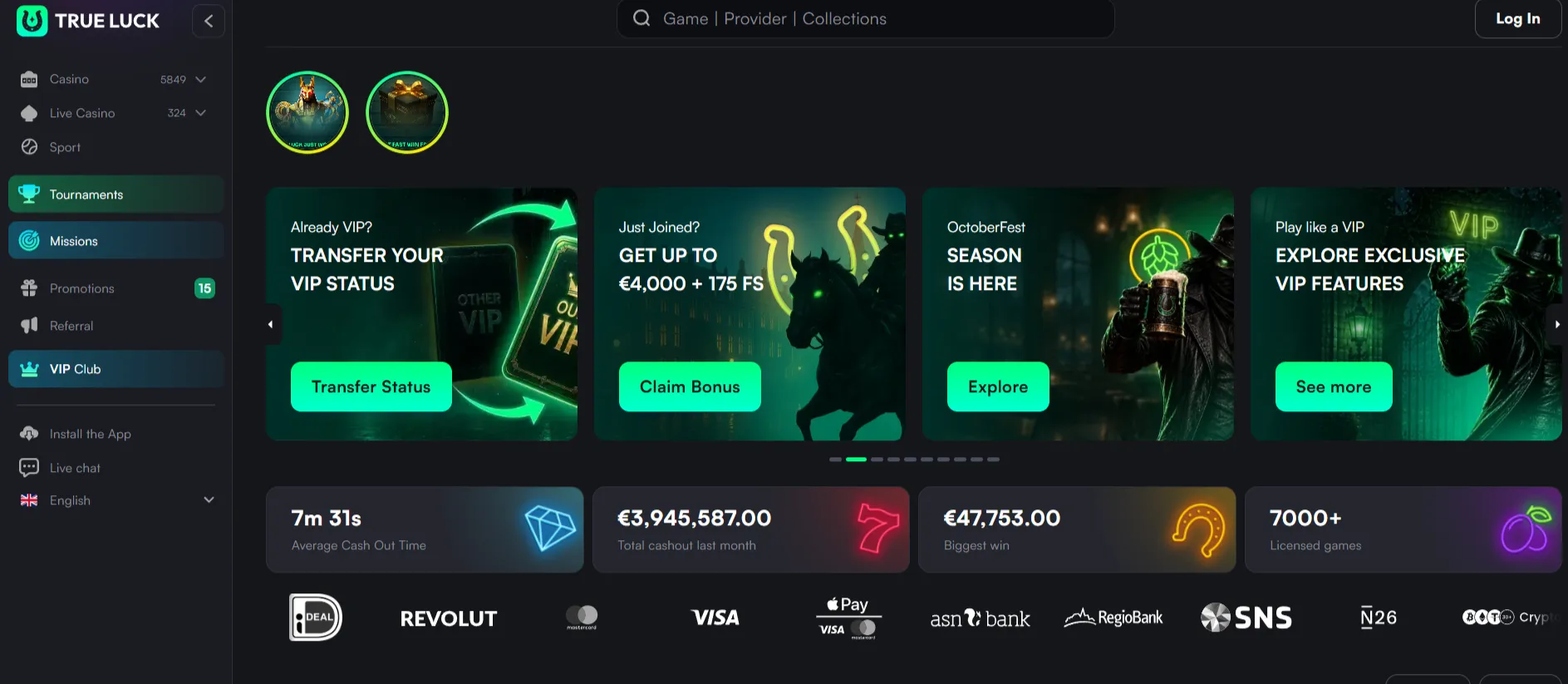 Officiële Trueluck-homepage met de actuele merkinterface en het casinospel-aanbod