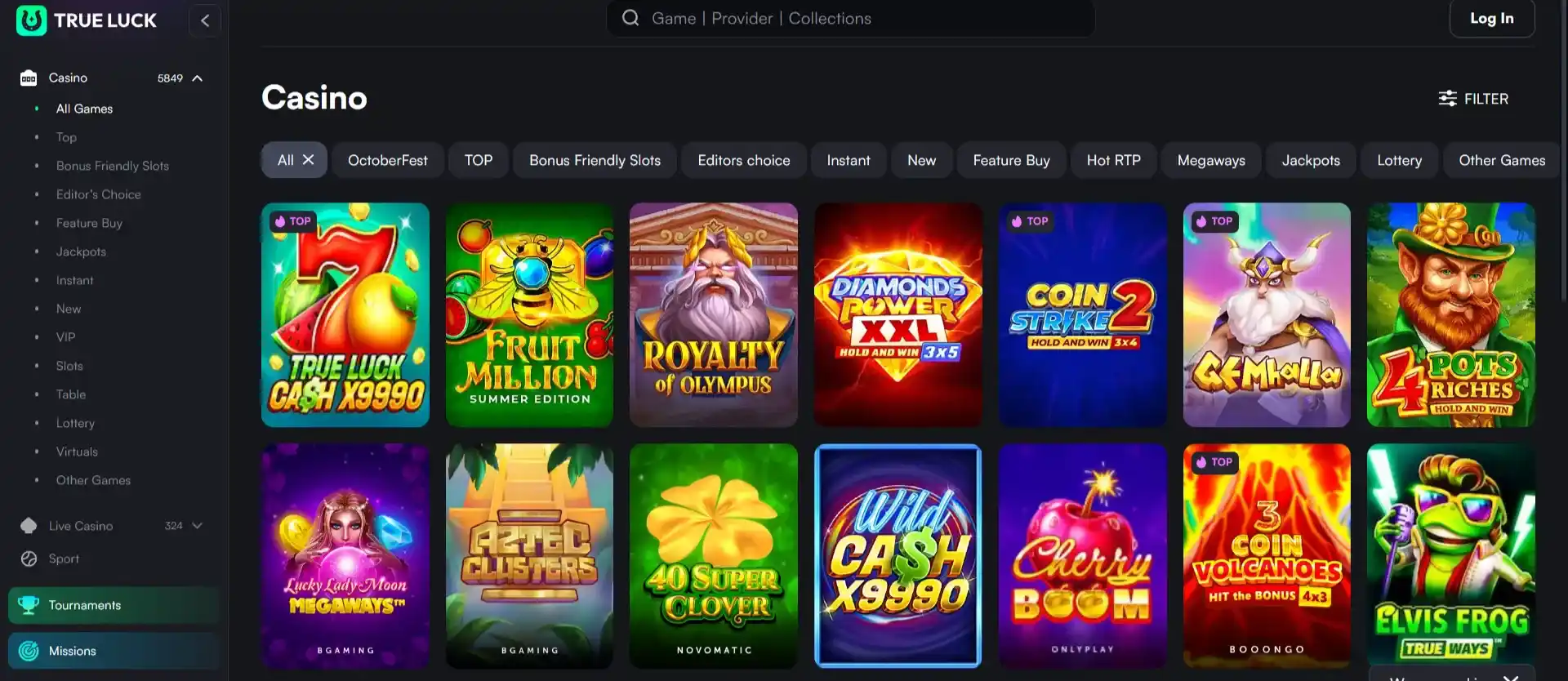 Officiële Trueluck-spelcatalogus en live-casinosectie