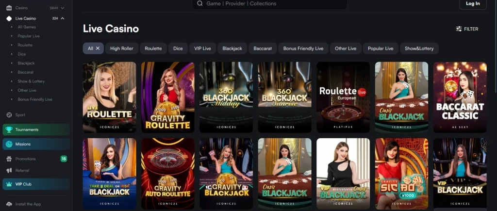 Officiële Trueluck live-casino lobby met live spelcategorieën