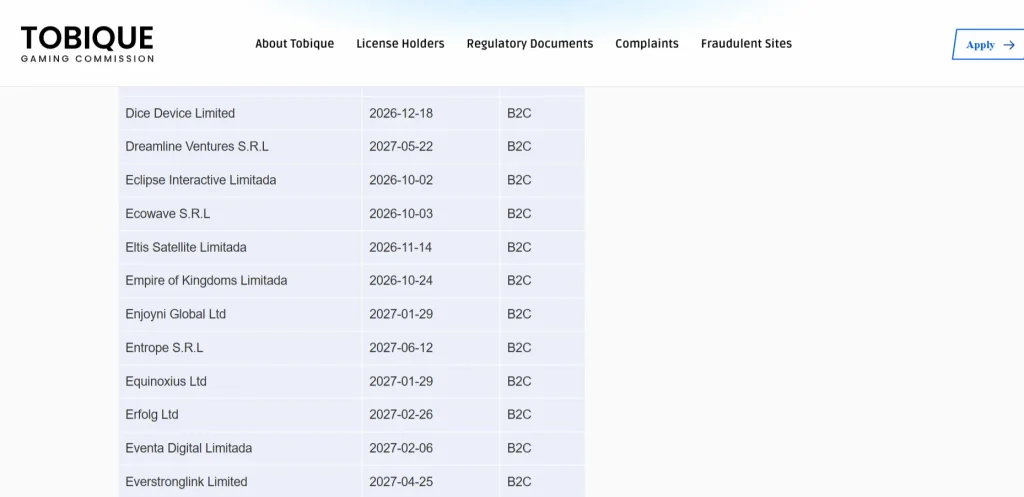 Tobique Gaming Commission registervermelding van Eclipse Interactive Limitada